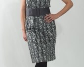 1960's Gray Dress - Vintage 1970's Wiggle Mad Men Sheath Cotton Mod Geometric Print Sleeveless Summer Formal Audrey Midi Dress Size M L