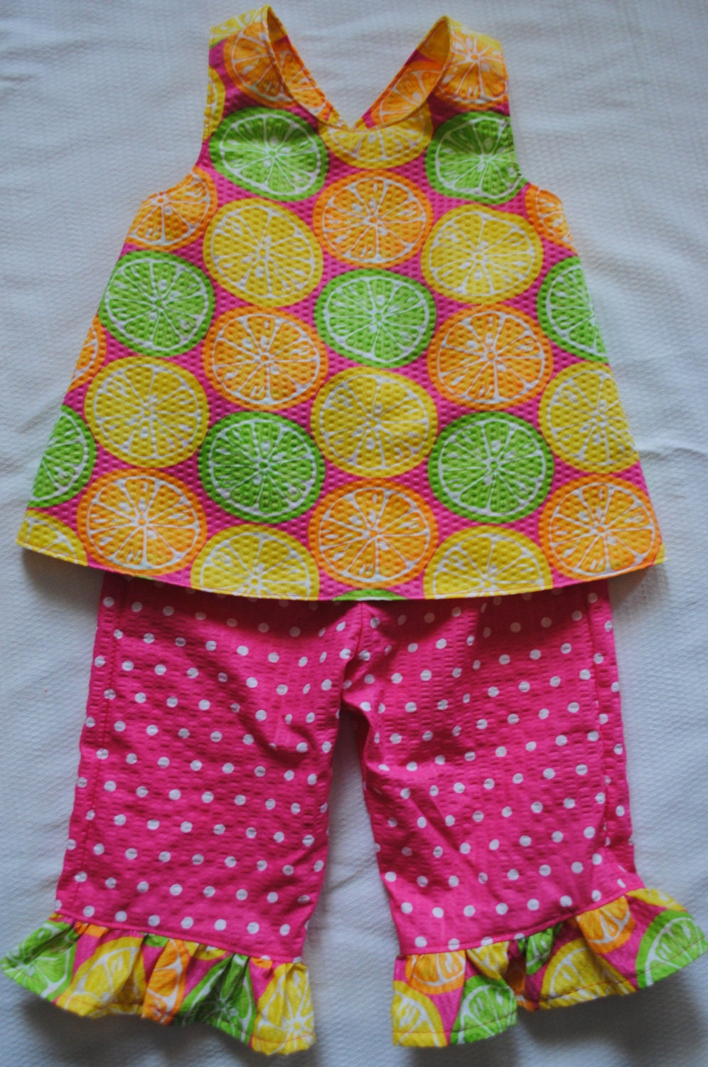 Crossover Swing Top and Ruffled Capri Pants for Baby Girls. Seersucker Fabric Pinafore Dress Ready to Ship size 18 months.