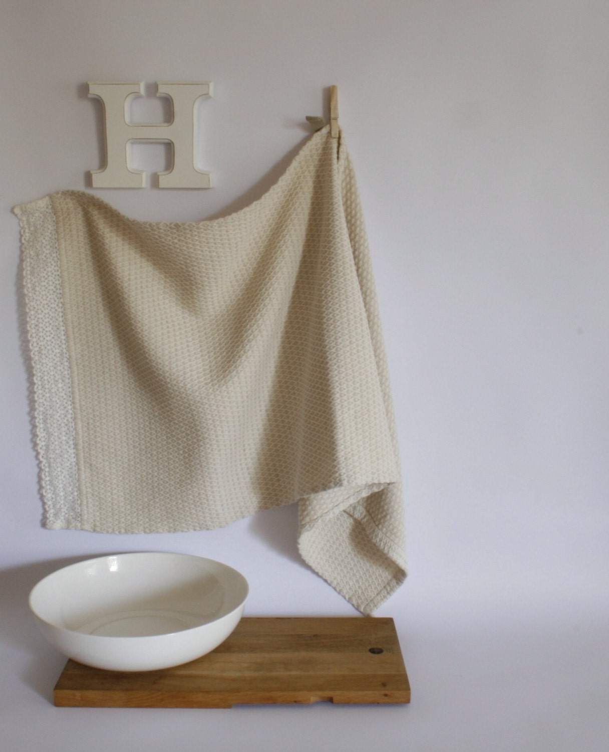 Natural linen bath towel, with french lace, made by mooshop