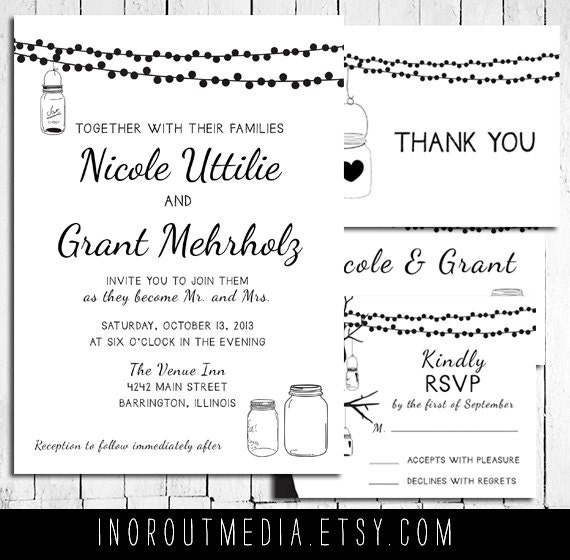 Wedding Invitation Suite - strung lights and mason jars, casual wedding, outdoor wedding, Invitations, RSVP cards, thank you cards