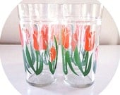 1960's red tulip drinking glasses / vintage red flower cups / retro mod kitchen / spring and summer home / set of 4 glasses