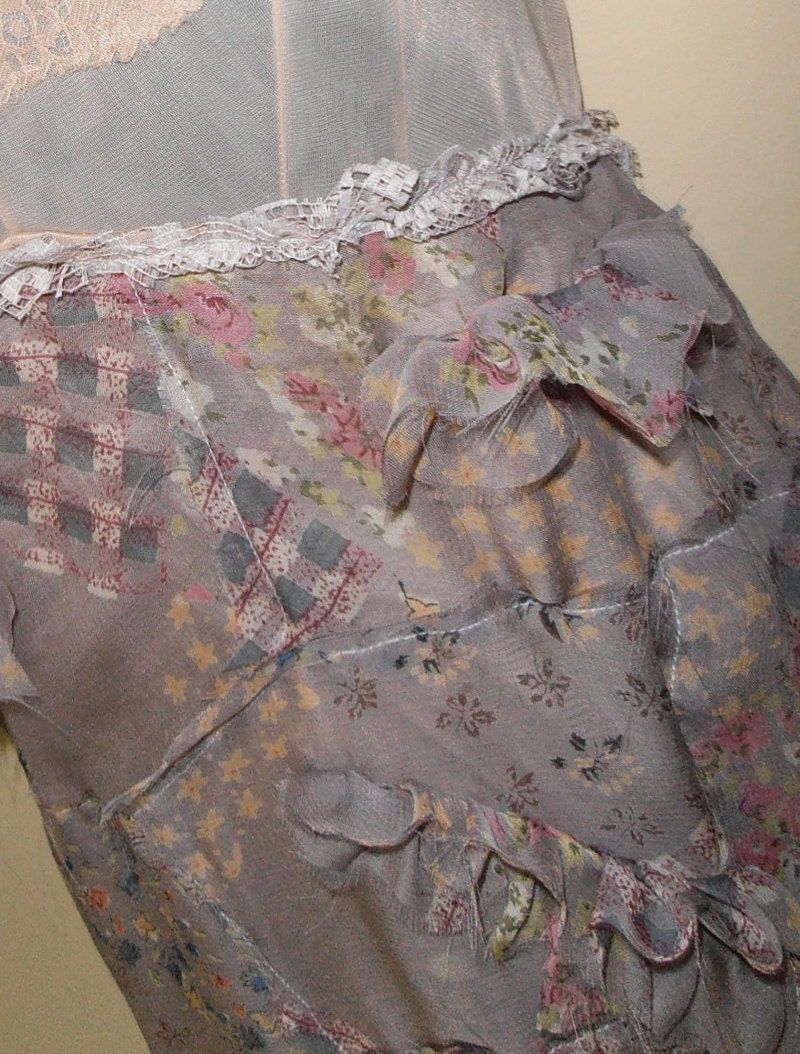 Ethereal Vintage Mori Girl Raw Patchwork Slip Rose Blue Apricot & Cream Florals Size AU 10 - 12 Natural Kei BoHo Grunge Prairie Woodland