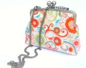 Retro bird print womens fabric handmade handbag, ladies red orange handbags, clutch metal frame and chain, unique gifts for women, uk seller