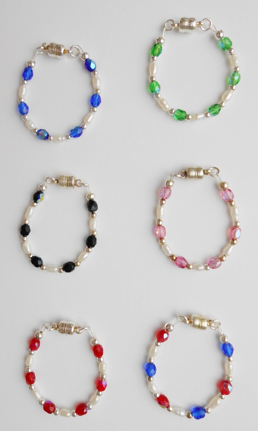 Matching Bracelet and Necklace Set/Rice Pearls/Faceted Oval Crystals/Choice of Colors/Green/Blue/Red/Black/Pink/Red,White,Blue
