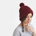 Cable knit burgundy ski beanie hat with pom pon / Hand Knitted