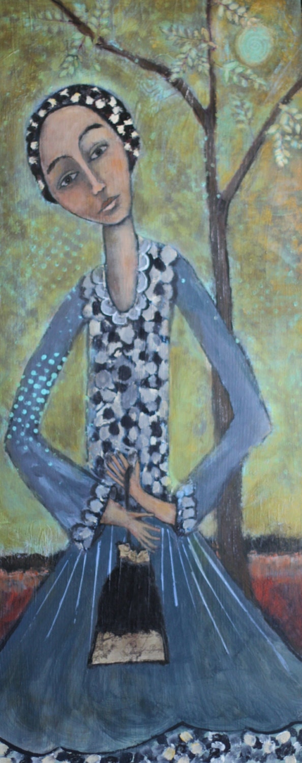 Sweet and Her Satchel - Original approx 11.25 x 27 inch on wood
