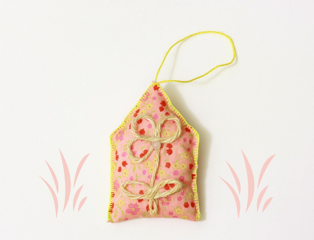 House with Flower - Fabric Decorative Toy with Little Pink Quartz Bead on it. Valentines day, Christmas Ornament, Home decor