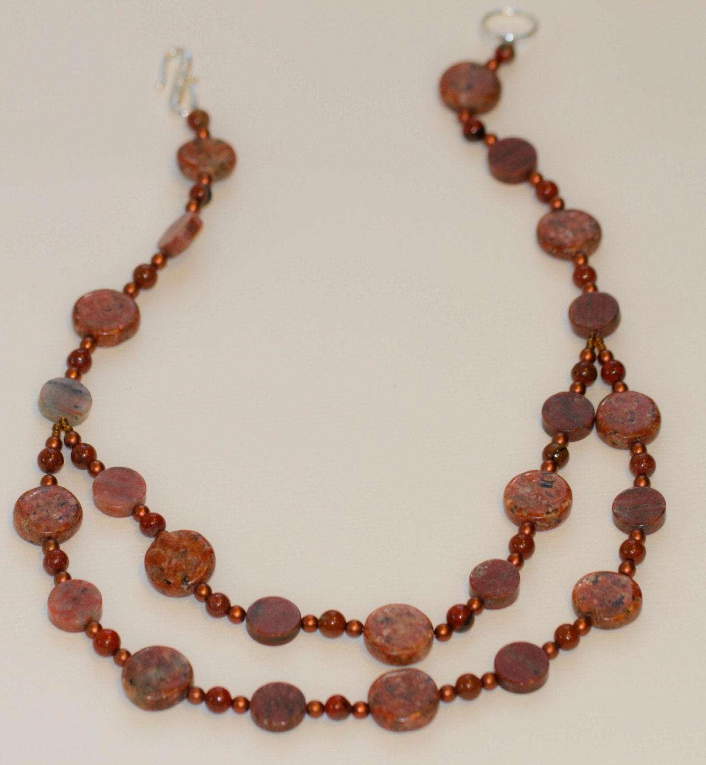 Copper and Rust: Double-strand necklace with natural jasper and copper.