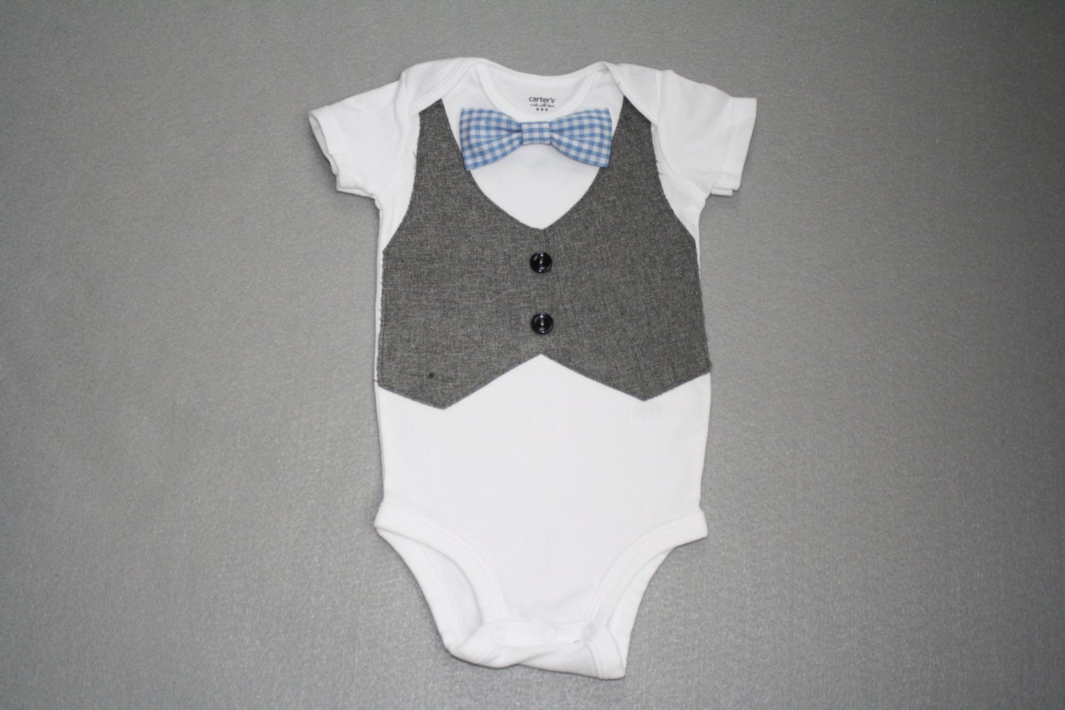 Baby Boy Blue Gingham Bow Tie with Gray Tweed Vest Onesie, First Birthday Bowtie and Vest Bodysuit