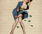Pin Up Girl Vintage Illustration - Windy Day - Printable Graphics Digital Collage Sheet Image Download Iron on Transfer Pin32