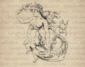 Antique Whimsical Mermaid with Flower - Printable Graphics Digital Collage Sheet Image Download Iron on Transfer Wh77