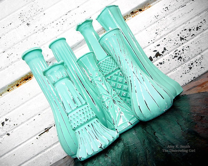 One Six Inch Tall Sweet Random Vase - 6" High Glass Bud Vase Painted Bright Trendy Mint Green Six Inch Tall Vintage Shabby Chic Distressed - TheDistressingGirl