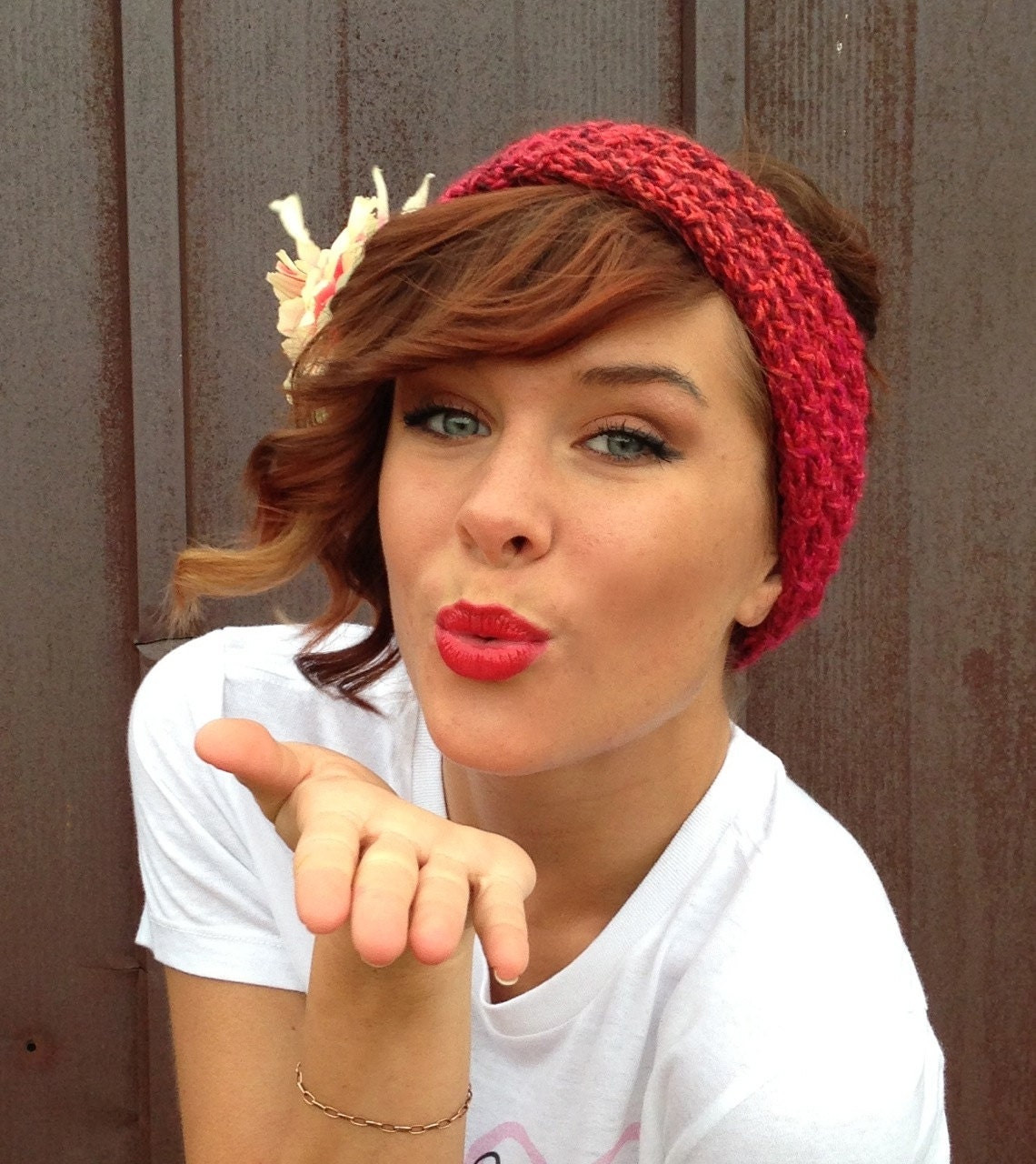 Red Valentines Day Multicolor Tweed Striped Star Stitch Headband