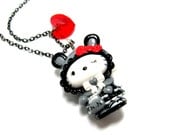 Punk Goth-loli Hello Kitty Necklace // Halloween Avant-Garde Charm // Red Swarovski Crystal Heart // 17" Gunmetal Chain