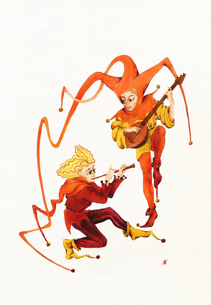 Nursery wall art, baby room decor - Two buffoons - 8x10 print of original watercolor