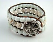 Beaded Leather Cuff Bracelet, White Magnesite, White Glass, Boho Chic Handmade Trendy Beadwork Wrap, Silver Tone  Button
