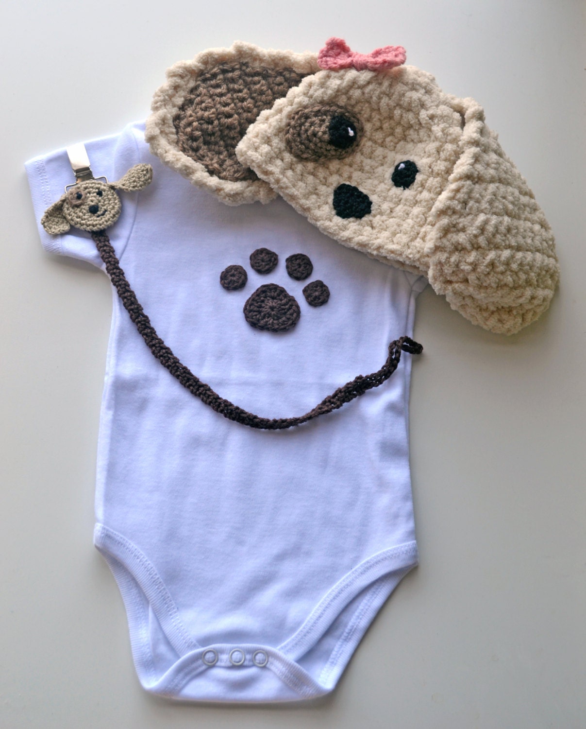 Baby Shower Gift Set, Crochet Handmade Outfit, Girl Puppy Dog Onesies, Earflap, Beanie Hat And Accessories,Pacifier Clip,Holder