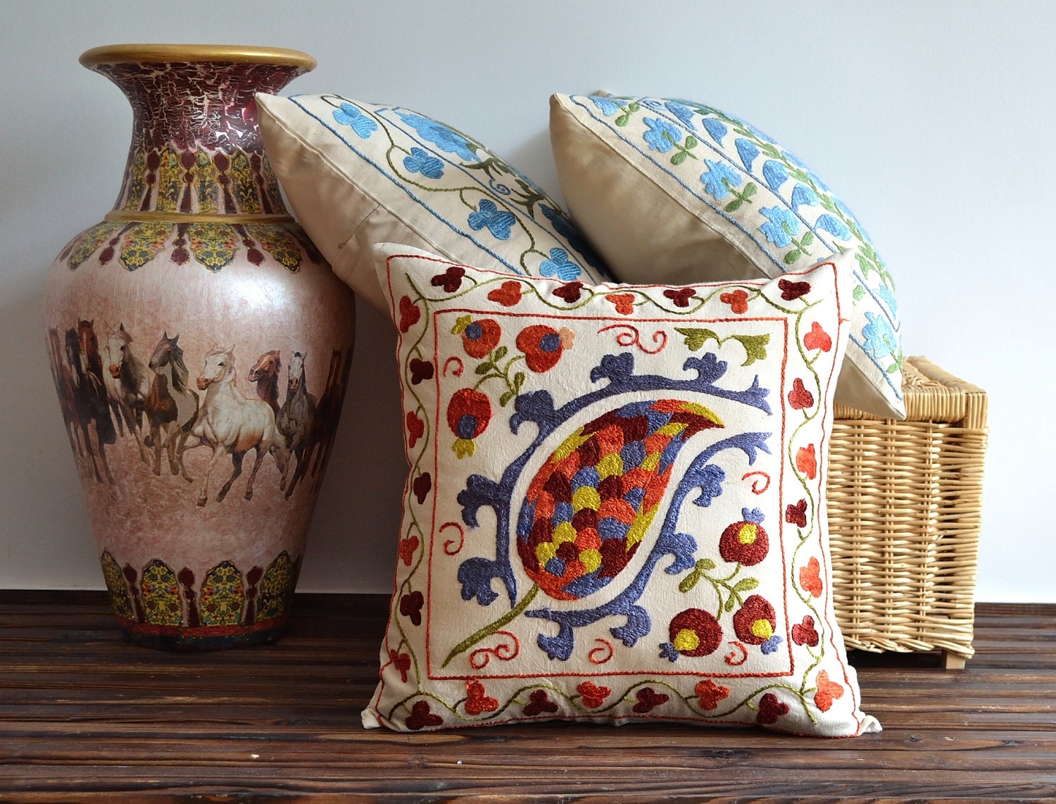 Hand Embroidered Suzani Pillow Cover, Decorative Suzani Pillow Cover - 18 x 18 inch - Ethnic Decorative Pillows, Throw Pillows