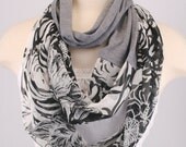 Infinity scarf Loop Circle Scarf Gray White floral roses cowl jersey women OOAK lightweight  Necklace by Fashion Designs 4U