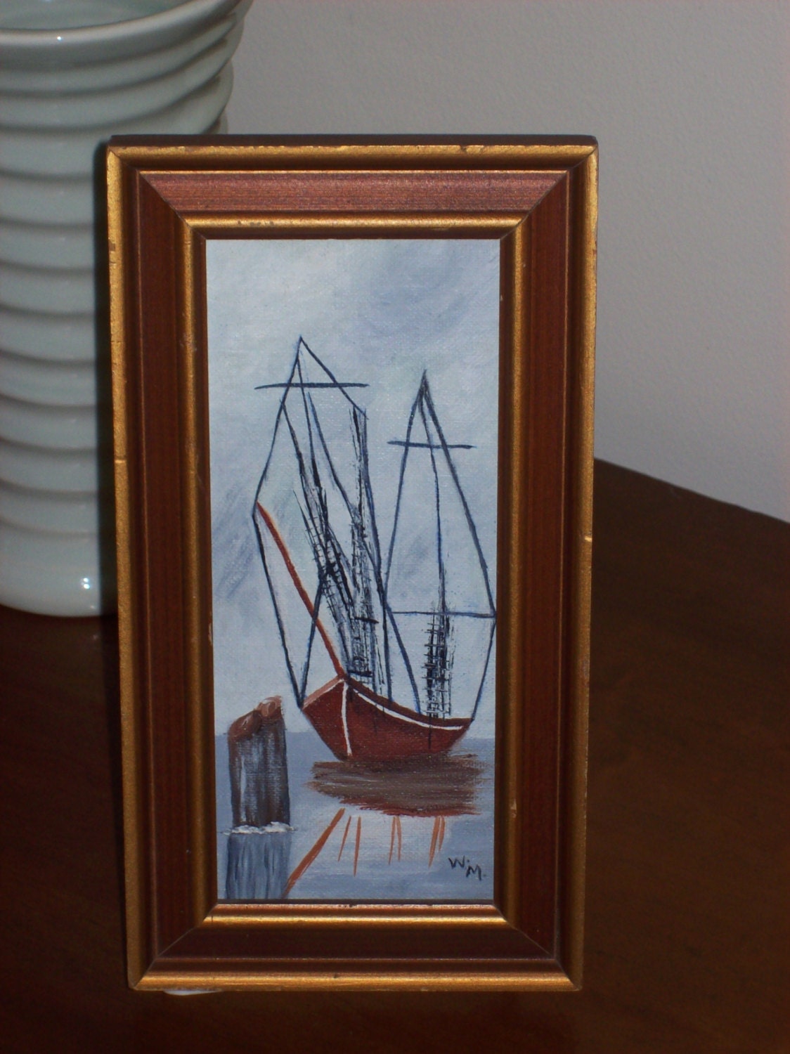Mid Century Modern Miniature Abstract Nautical Painting Danish Minimalism Signed Vintage