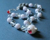 Super Mario 3D Land Tail Boo Necklace, White and Gray Beaded Rosary Chain in Silver, Geek/Gamer Necklace
