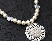 Bridal Statement Necklace Vintage Style Wedding Jewelry Ivory White Necklace Silver Beaded Necklace Pearl Necklaces Eternal Necklace