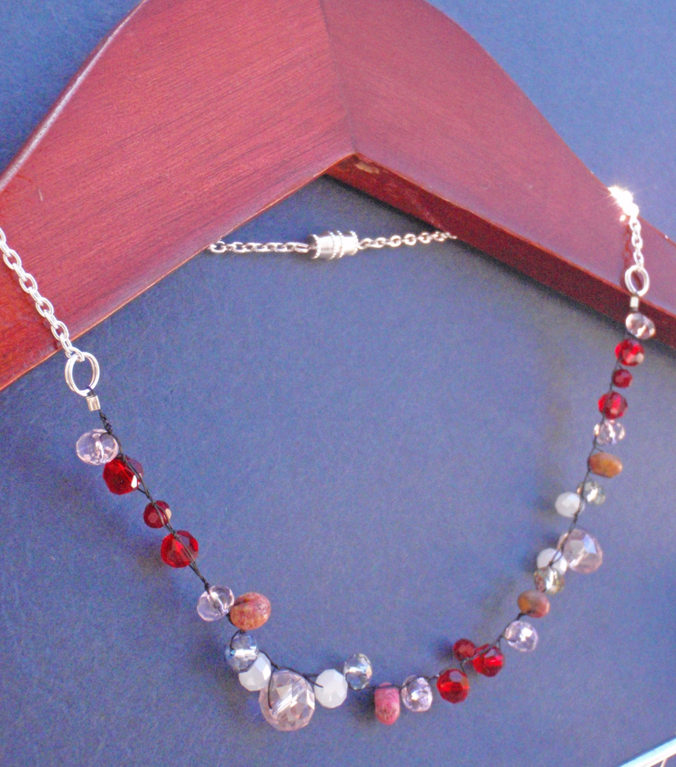 Pink & Red Beadwork Choker Necklace w/ Matching Earrings Set - "Starlette"