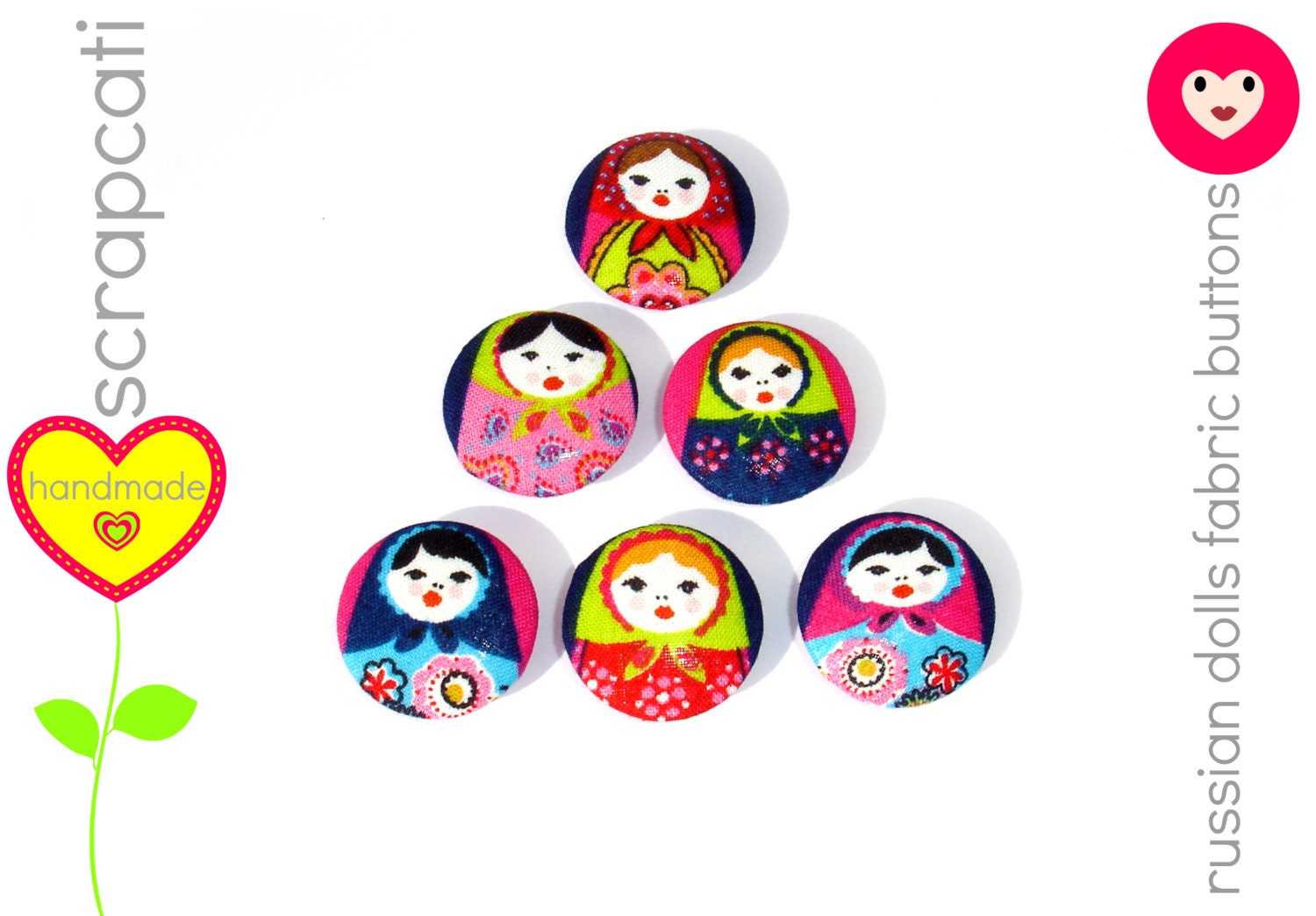 Fabric Buttons - Russian Dolls Collection - Covered Buttons - Sewing Supplies - set of 6 buttons