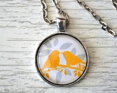 Glass Pendant Necklace - Yellow & Gray Love Birds 1 inch glass pendant 24" necklace