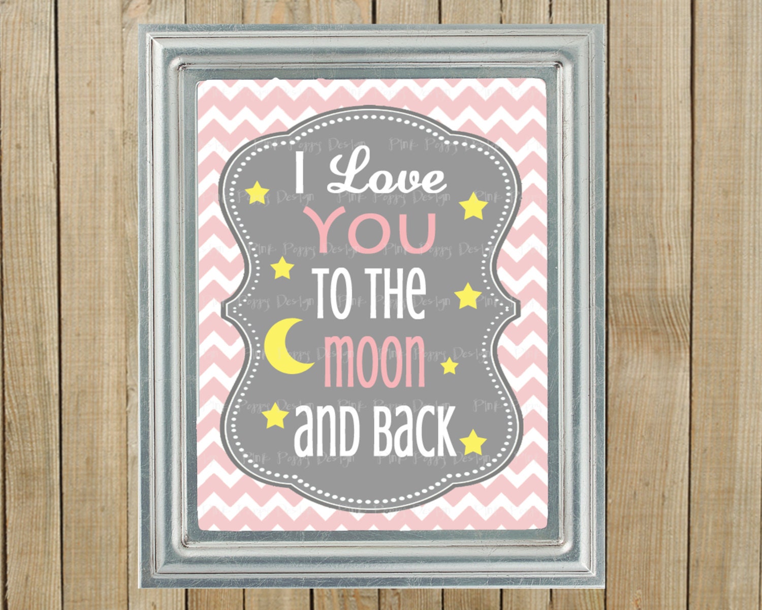 Trendy Pink Chevron with Gray I Love You to the Moon and Back Nursery Wall Decor, Playroom, Gift, Printable, Custom Digital File