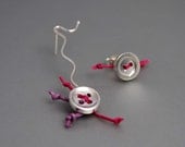 Sewing Dream Mismatched Button Earrings Sterling Silver Wire Thread and Custom Color Floss Embroidered Details Cute Modern Jewelry Gift