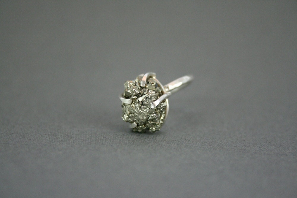 Shiny Rough Sparkly Pyrite Stone Handmade Metalsmithing Sterling Silver Prong Set Ring Fashionable Hipster Statement Jewelry Various Sizes