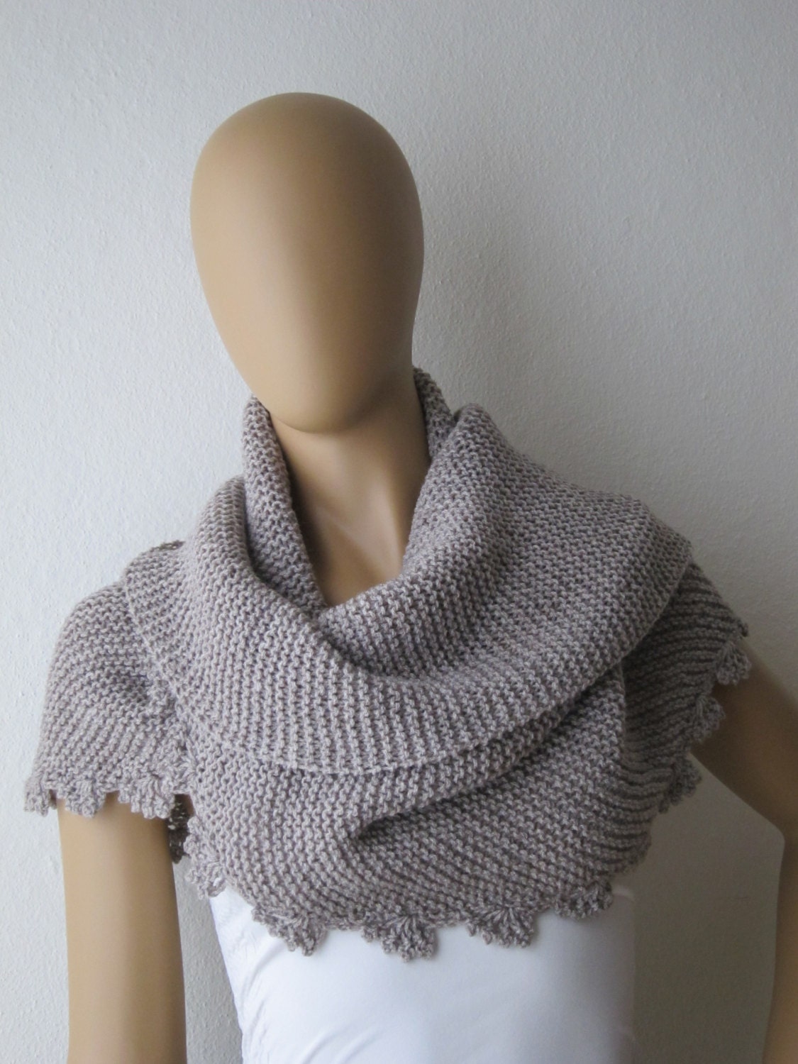 Hand Knitted Scarf, Light Brown Shawl Wrap, Design by Knit Buddy, FREE SHIPPING
