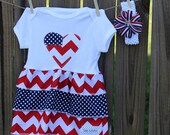 Patriotic Baby Girls Onesie Dress with Heart Applique with Red Chevron and Navy Dot to Dot Fabric with Matching Headband