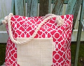 Lattice Blossom.  Large Pink/White Beach Tote, Handmade,  Summer bag, Rope Handles