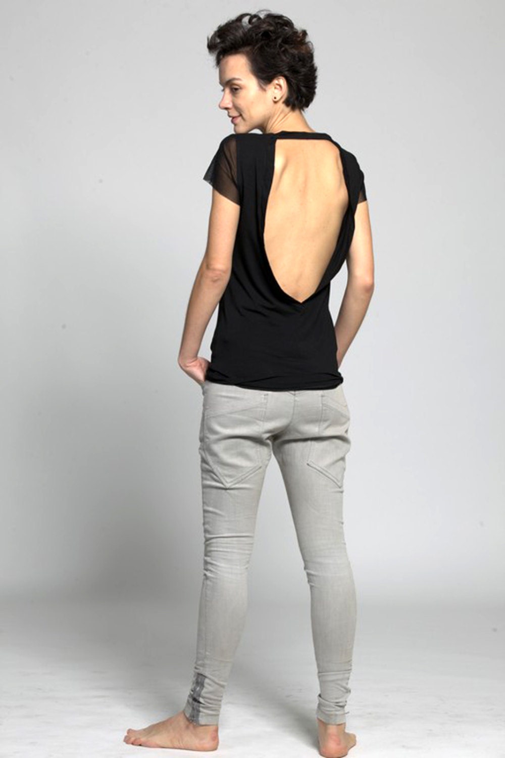 Top with open back, Black womens top, Short sleeve Basic T - ColeHands