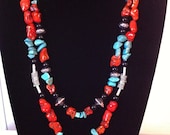 Double Strand Southwestern Statement Necklace in Red & Blue Turquoise