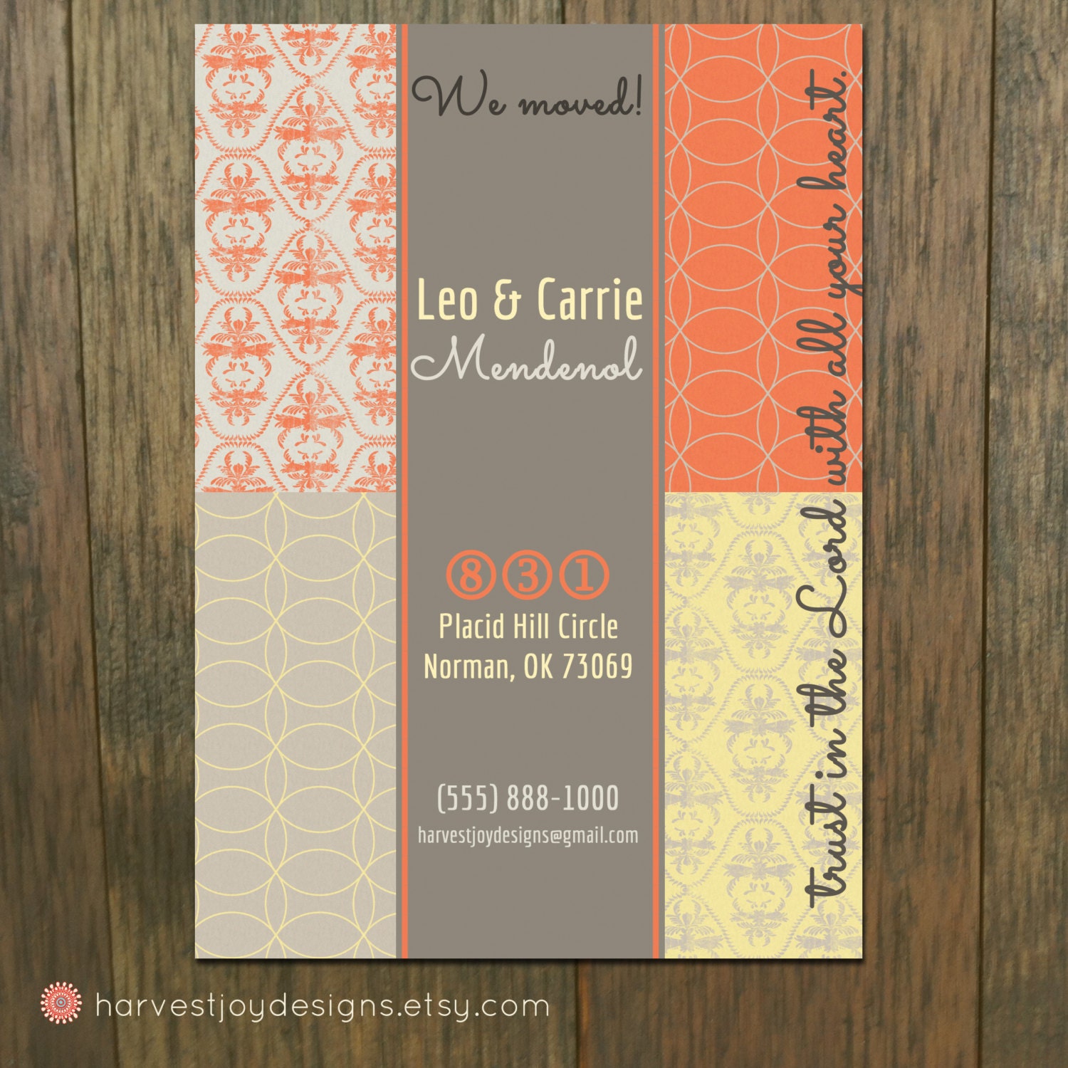 Personalized Inspirational Moving Announcement Card - Vintage Patchwork - Salmon Gray Yellow - Proverbs 3:5 - DIY Printable