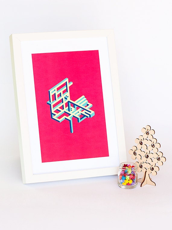 Art Print A4 - Native (Abstract, Modern, Geometric, Digital, Bold, Bright, Fun, Perspective, Digital print, Pink, Magenta, Blue, Yellow)