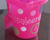 Personalized 7 inch Sand Pail And Shovel, Name Bucket with Shovel, Scalloped Circle Polka Dots, Butterfly's or Flip Flops