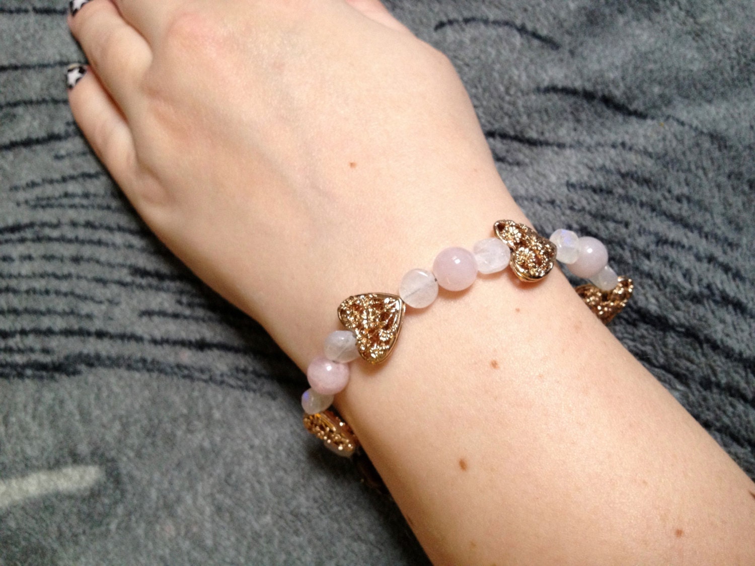 Filigree Bronze Heart With Rose Quartz And Moonstone Beaded Bracelet