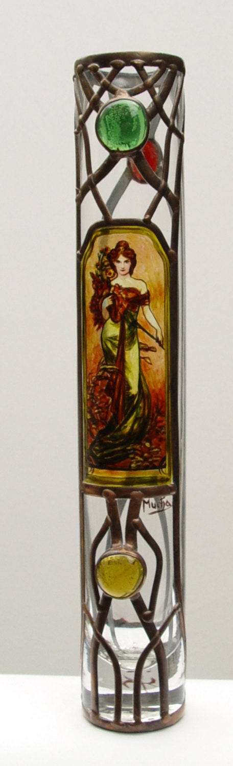 Alphonse Mucha Glass vase with pewter outfit The Spring original sekyt art studio