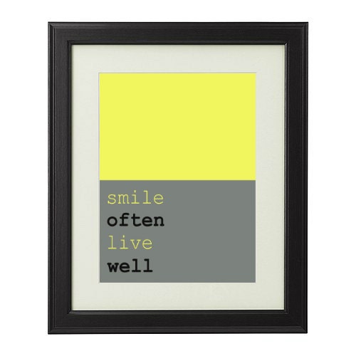 Smile Often Live Well - Digital Graphic Modern Art Print Poster - Inspirational Quote Yellow Grey / Gray