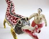 Taming - free shipping, ooak sculpture, paper mache on wire, unique home decor, woman figure, creature figure, unique art for home