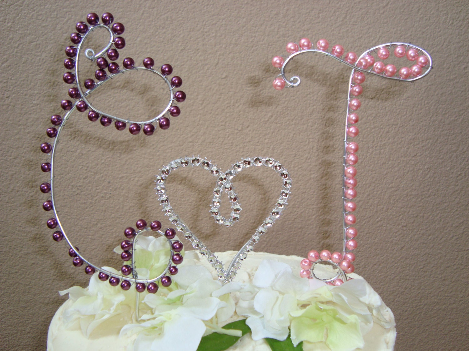 Custom colored pearl beaded monogrammed cake topper, three letters with bling heart