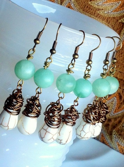 SET of 3 pairs mint green and brown bridesmaid earrings rustic wedding bird nest theme jewelry beach wedding jewelry bridal rustic country