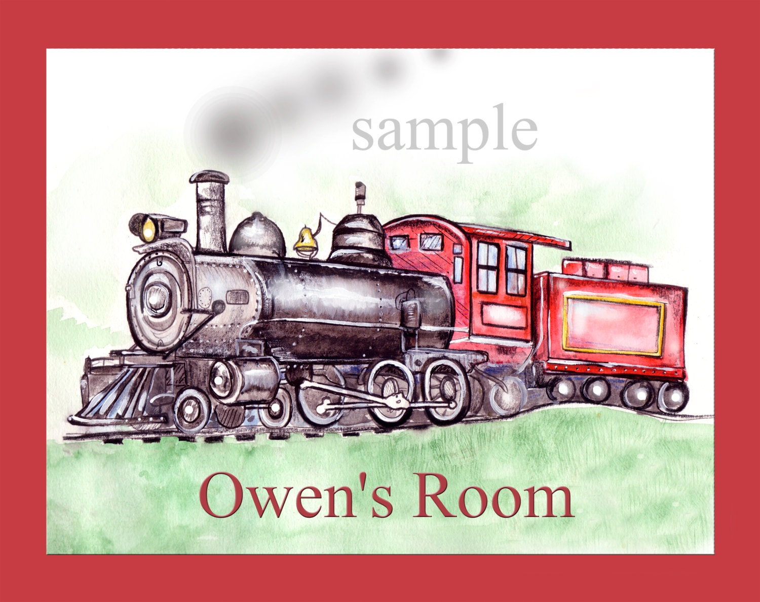 Vintage Train Art sketch illustration ink drawing watercolor name custom personalized room wall theme boys kids children toddler - 11X14 in