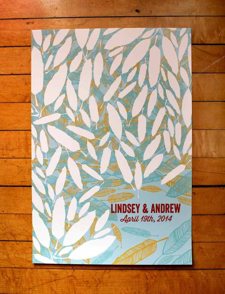 Personalized Wedding Guest Book Poster-Light Blue, Chartreuse, Aqua and Red