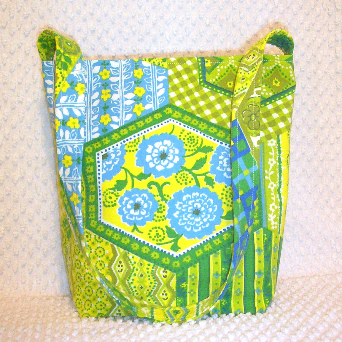 Bohemian Bag Purse Hobo Boho Bag Shoulder Sling Purse Vintage Bohemian Chic Floral Hexagon Fabric Yellow Green and Blues