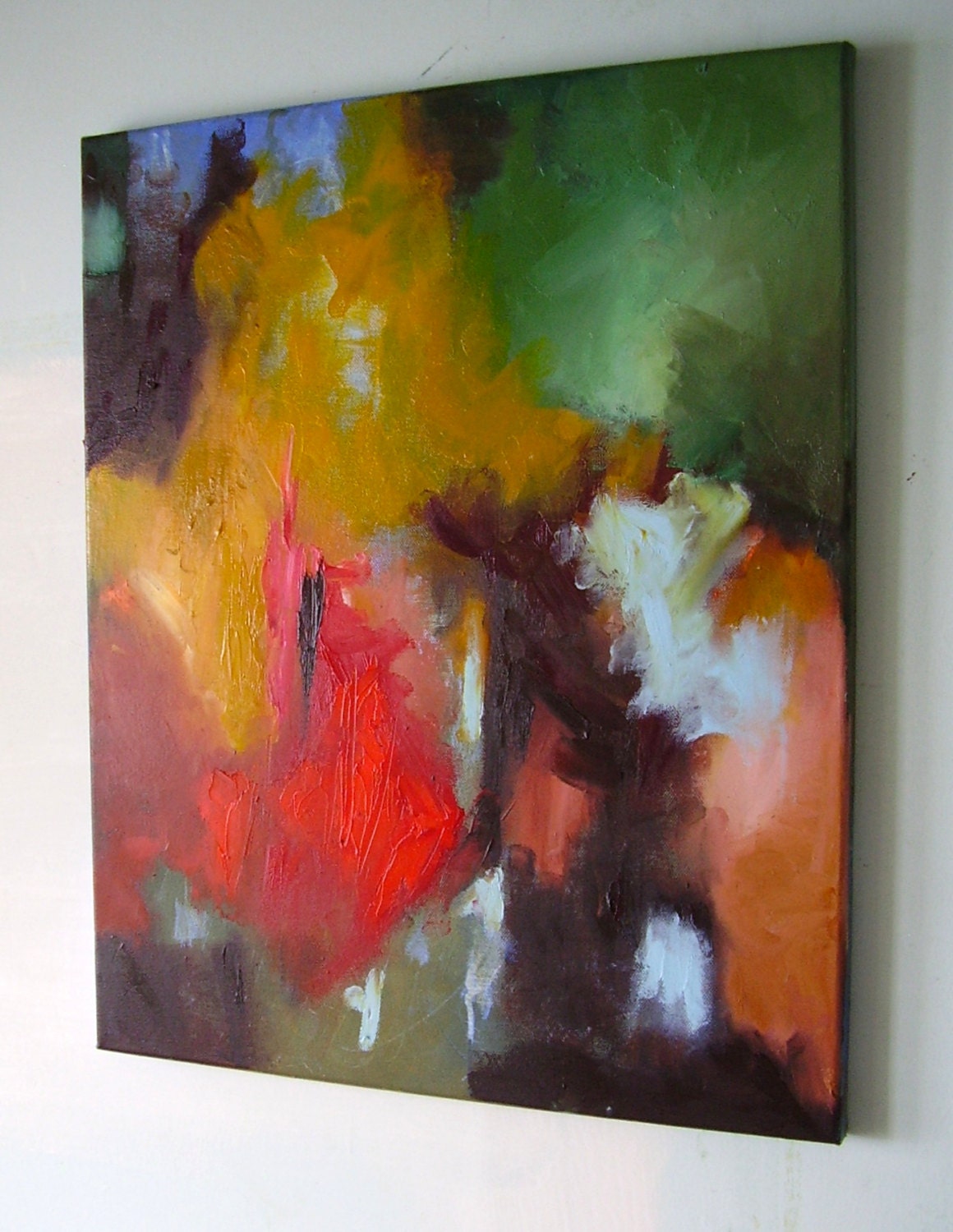 Abstract painting, "Arbour", red, gold ochre, green, dark brown, pale blue, oil on canvas, 20 x 16 inches